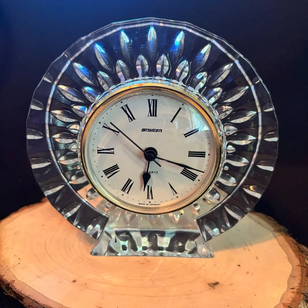 Vintage Crystal Table Clock with Black and Gold Accents
